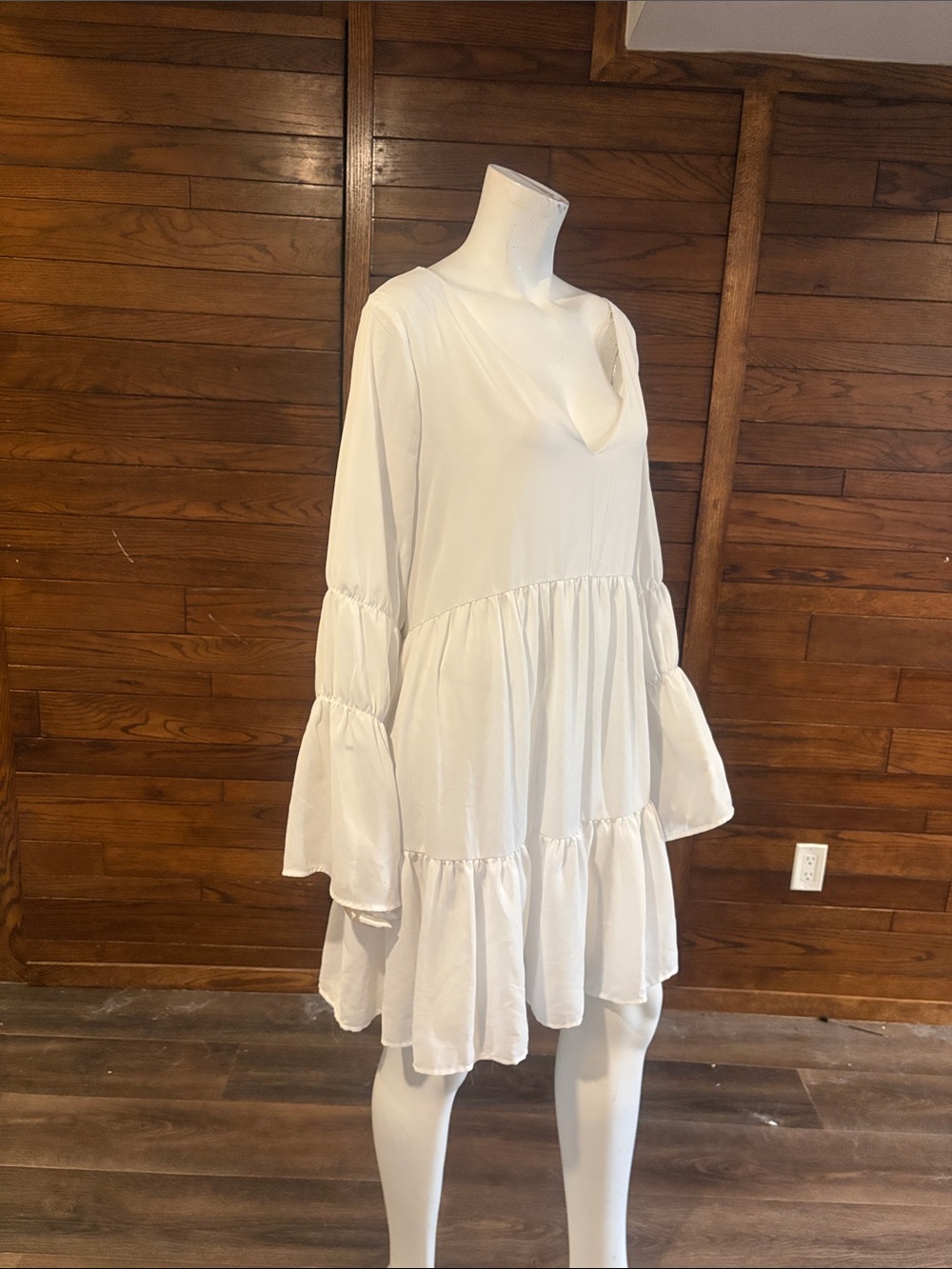 SHEIN White Tiered V-Neck Bell-Sleeve Mini Dress
